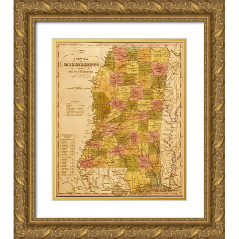 Mississippi 1844 Gold Ornate Wood Framed Art Print with Double Matting by Vintage Maps