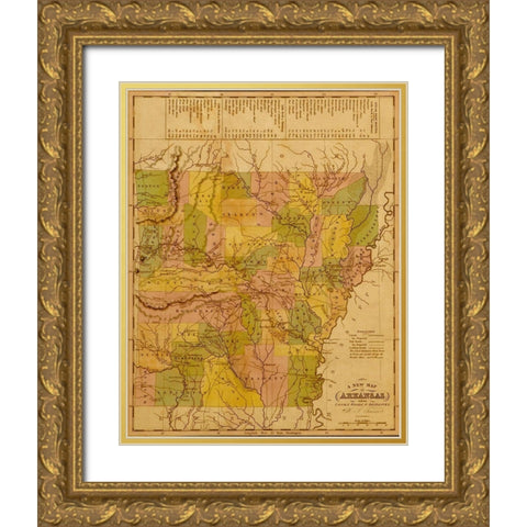 Arkansas 1844 Gold Ornate Wood Framed Art Print with Double Matting by Vintage Maps