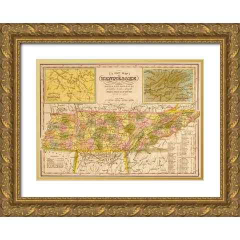 Tennessee 1844 Gold Ornate Wood Framed Art Print with Double Matting by Vintage Maps