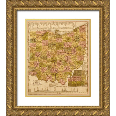 Ohio 1844 Gold Ornate Wood Framed Art Print with Double Matting by Vintage Maps
