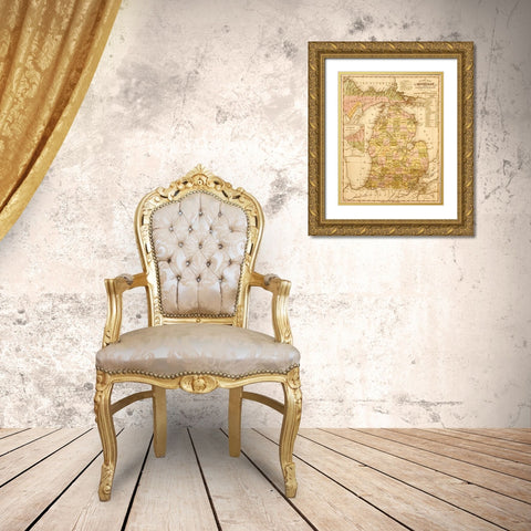Michigan 1844 Gold Ornate Wood Framed Art Print with Double Matting by Vintage Maps