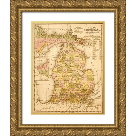 Michigan 1844 Gold Ornate Wood Framed Art Print with Double Matting by Vintage Maps
