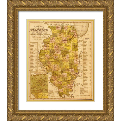 Illinois 1844 Gold Ornate Wood Framed Art Print with Double Matting by Vintage Maps