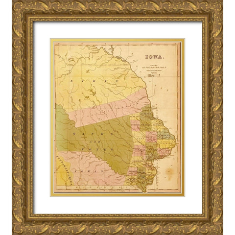 Iowa 1844 Gold Ornate Wood Framed Art Print with Double Matting by Vintage Maps