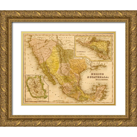 Mexico and Guatamala 1844 Gold Ornate Wood Framed Art Print with Double Matting by Vintage Maps