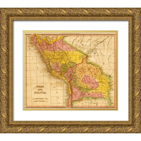 Peru and Bolivia 1844 Gold Ornate Wood Framed Art Print with Double Matting by Vintage Maps