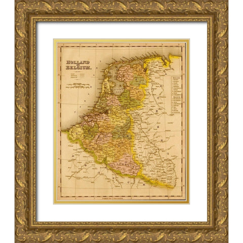 Holland and Belgium 1844 Gold Ornate Wood Framed Art Print with Double Matting by Vintage Maps