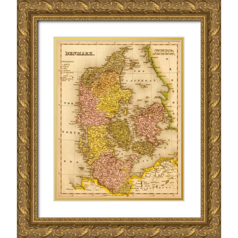 Denmark 1844 Gold Ornate Wood Framed Art Print with Double Matting by Vintage Maps