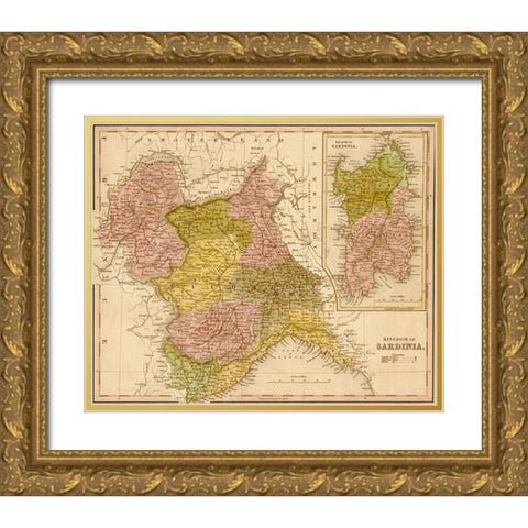 Kingdom of Sardinia 1844 Gold Ornate Wood Framed Art Print with Double Matting by Vintage Maps