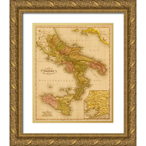 Kingdom of Naples 1844 Gold Ornate Wood Framed Art Print with Double Matting by Vintage Maps