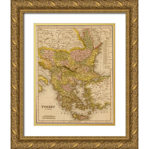 Turkey Greece 1844 Gold Ornate Wood Framed Art Print with Double Matting by Vintage Maps