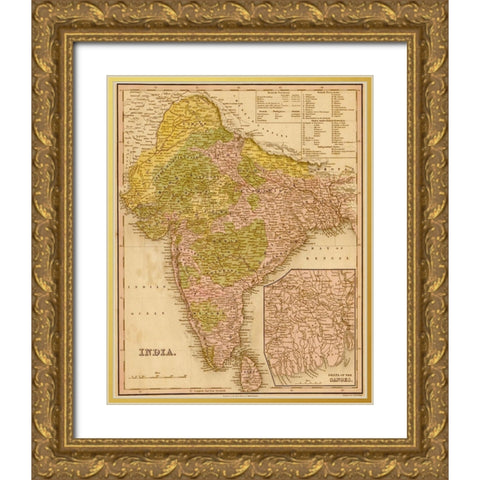 India 1844 Gold Ornate Wood Framed Art Print with Double Matting by Vintage Maps