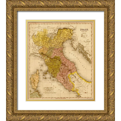 Italy 1844 Gold Ornate Wood Framed Art Print with Double Matting by Vintage Maps