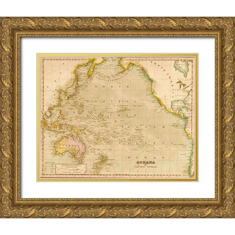 Oceania 1844 Gold Ornate Wood Framed Art Print with Double Matting by Vintage Maps
