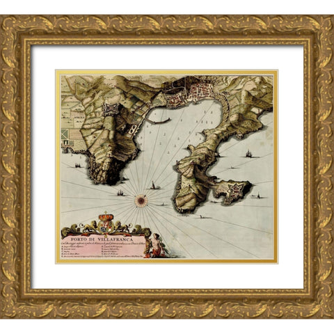 Villa Franca on the Mediterranean 1700 Gold Ornate Wood Framed Art Print with Double Matting by Vintage Maps