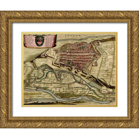 City of Cuneo 1700 Gold Ornate Wood Framed Art Print with Double Matting by Vintage Maps