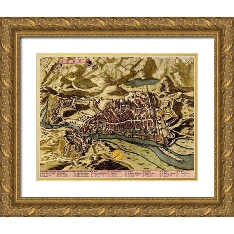 Ivrea Near Turin 1700 Gold Ornate Wood Framed Art Print with Double Matting by Vintage Maps