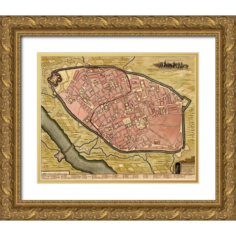 Battlements at Milan 1700 Gold Ornate Wood Framed Art Print with Double Matting by Vintage Maps