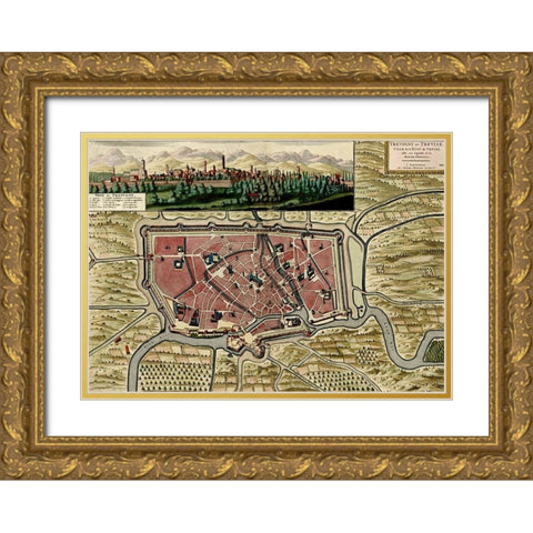Trevise in the Italian Po Valley 1700 Gold Ornate Wood Framed Art Print with Double Matting by Vintage Maps