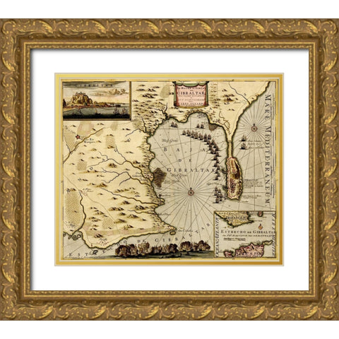 Straits and Defenses at Gibraltar 1700 Gold Ornate Wood Framed Art Print with Double Matting by Vintage Maps