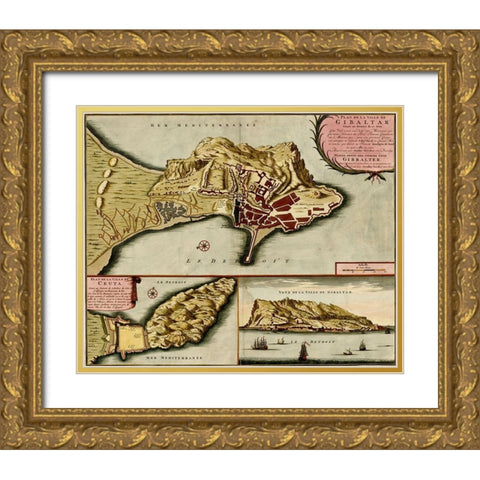 Gibraltar 1700 Gold Ornate Wood Framed Art Print with Double Matting by Vintage Maps