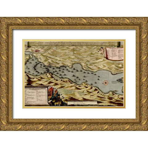 Vigos Spain 1700 Battle of Vigo Bay Gold Ornate Wood Framed Art Print with Double Matting by Vintage Maps