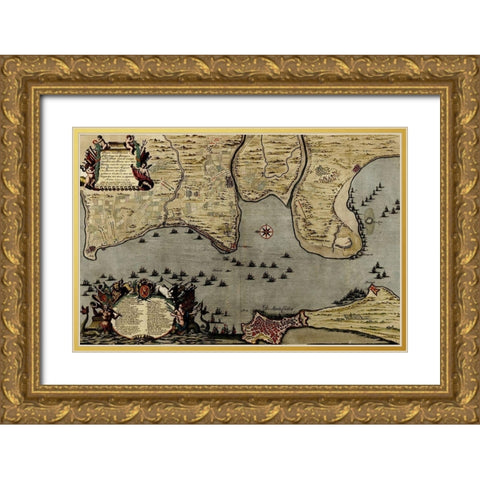 Straits of Cadiz Gibraltar 1700 Gold Ornate Wood Framed Art Print with Double Matting by Vintage Maps