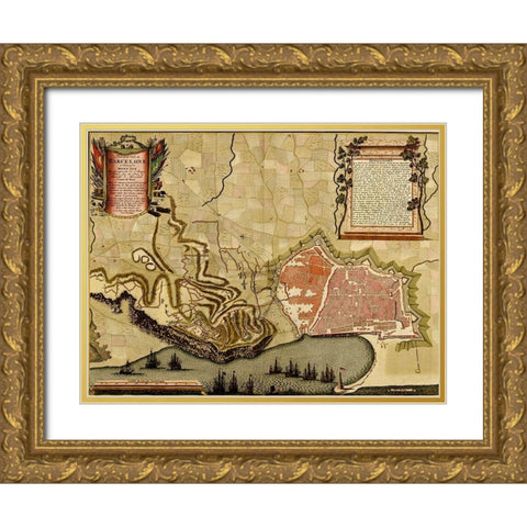 Barcelona Spain Defenses 1700 Gold Ornate Wood Framed Art Print with Double Matting by Vintage Maps