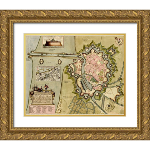 Dunkirk Dunquerque Defenses 1700 Gold Ornate Wood Framed Art Print with Double Matting by Vintage Maps