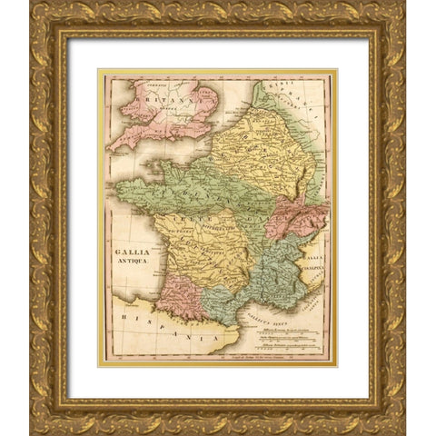 Ancient France Gallia Antiqua Gold Ornate Wood Framed Art Print with Double Matting by Vintage Maps