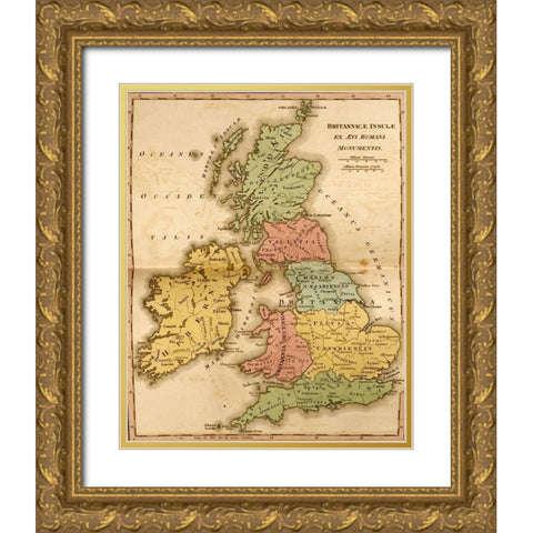 Ancient Britain Gold Ornate Wood Framed Art Print with Double Matting by Vintage Maps
