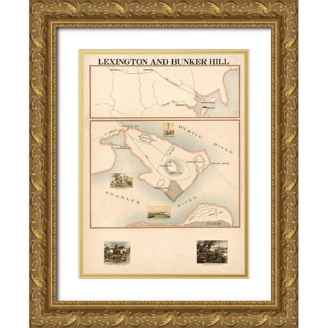Lexington and Bunker Hill Gold Ornate Wood Framed Art Print with Double Matting by Vintage Maps