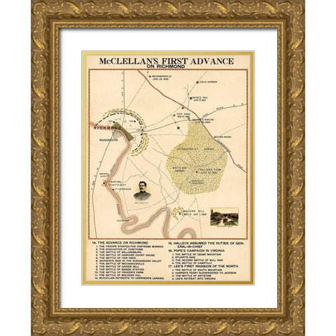 Civil War McClellans 1st Advance on Richmond Gold Ornate Wood Framed Art Print with Double Matting by Vintage Maps