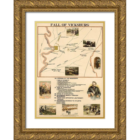 Civil War Fall of Vicksburg Mississippi Gold Ornate Wood Framed Art Print with Double Matting by Vintage Maps