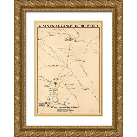 Civil War Grants Advance on Richmond Gold Ornate Wood Framed Art Print with Double Matting by Vintage Maps