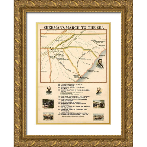 Civil War Shermans March to the Sea Gold Ornate Wood Framed Art Print with Double Matting by Vintage Maps