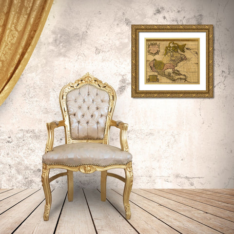 America Divided amongst Claimants 1694 Gold Ornate Wood Framed Art Print with Double Matting by Vintage Maps