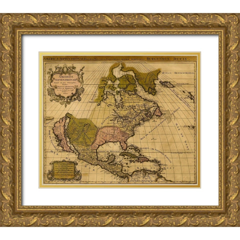 America Divided amongst Claimants 1694 Gold Ornate Wood Framed Art Print with Double Matting by Vintage Maps