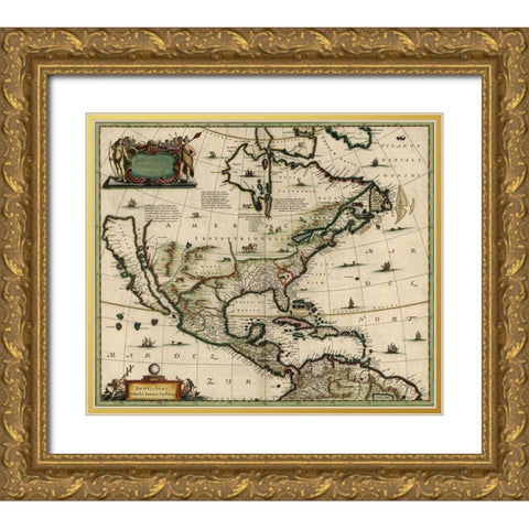 America in the 17th Century 1652 Gold Ornate Wood Framed Art Print with Double Matting by Vintage Maps