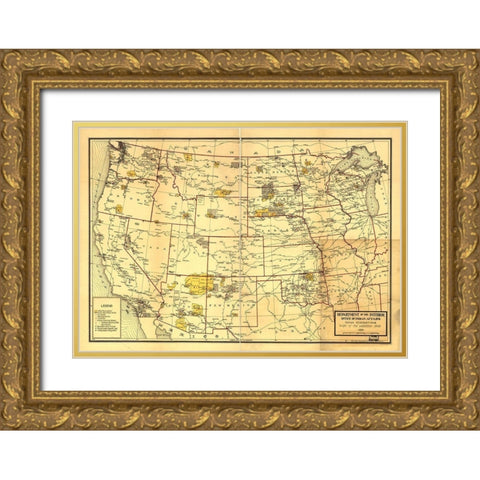 Indian Reservations West of the Mississippi 1923 Gold Ornate Wood Framed Art Print with Double Matting by Vintage Maps