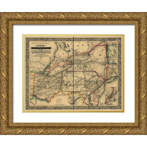 Civil War Railroad Map 1862 Gold Ornate Wood Framed Art Print with Double Matting by Vintage Maps