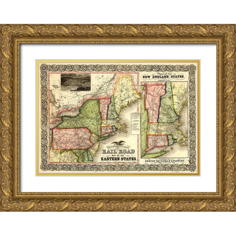 Railroad Map of the Eastern States and New England 1856 Gold Ornate Wood Framed Art Print with Double Matting by Vintage Maps