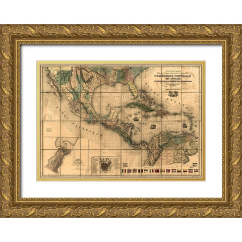 Central America and The Antilles 1845 Gold Ornate Wood Framed Art Print with Double Matting by Vintage Maps