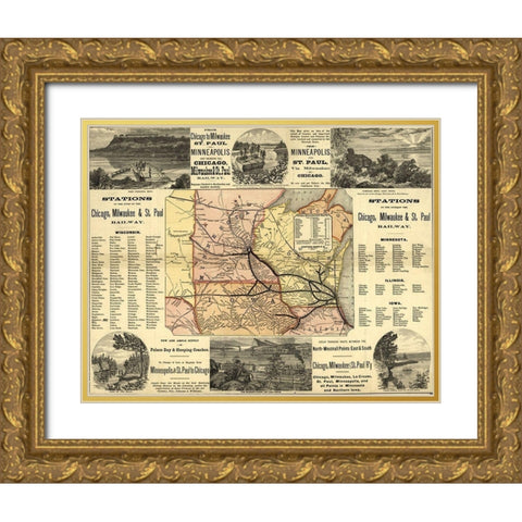 Chicago to Milwaukee Railroad Map 1874 Gold Ornate Wood Framed Art Print with Double Matting by Vintage Maps