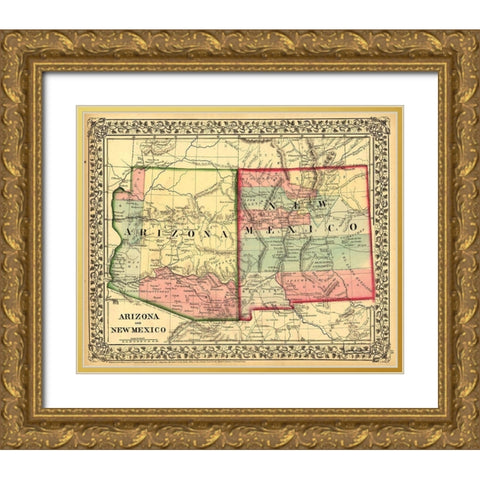 Arizona and New Mexico 1867 Gold Ornate Wood Framed Art Print with Double Matting by Vintage Maps