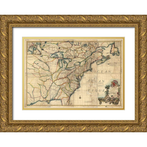 French and English Settlements in the US 1777 Gold Ornate Wood Framed Art Print with Double Matting by Vintage Maps