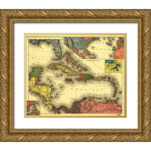 Evening Post map of the West Indies 1898 Gold Ornate Wood Framed Art Print with Double Matting by Vintage Maps