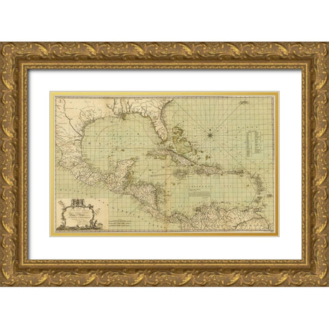 Chart of the West Indies 1796 Gold Ornate Wood Framed Art Print with Double Matting by Vintage Maps