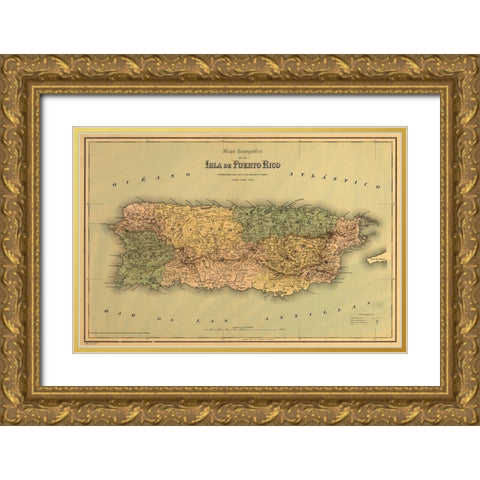Puerto Rico 1886 Gold Ornate Wood Framed Art Print with Double Matting by Vintage Maps