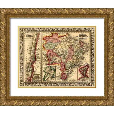 Brazil-Bolivia-Paraguay-Uruguay-Chili 1870 Gold Ornate Wood Framed Art Print with Double Matting by Vintage Maps